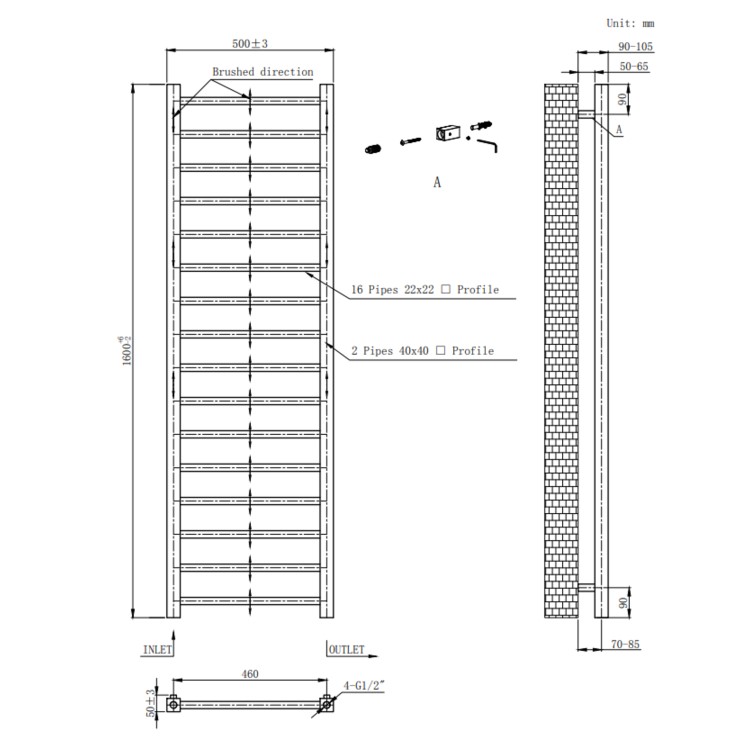 Black Towel Radiator 1600 x 500mm - Sonoran