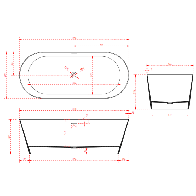 Freestanding Double Ended Stone Resin Solid Surface Bath 1650 x 750mm - Monaco