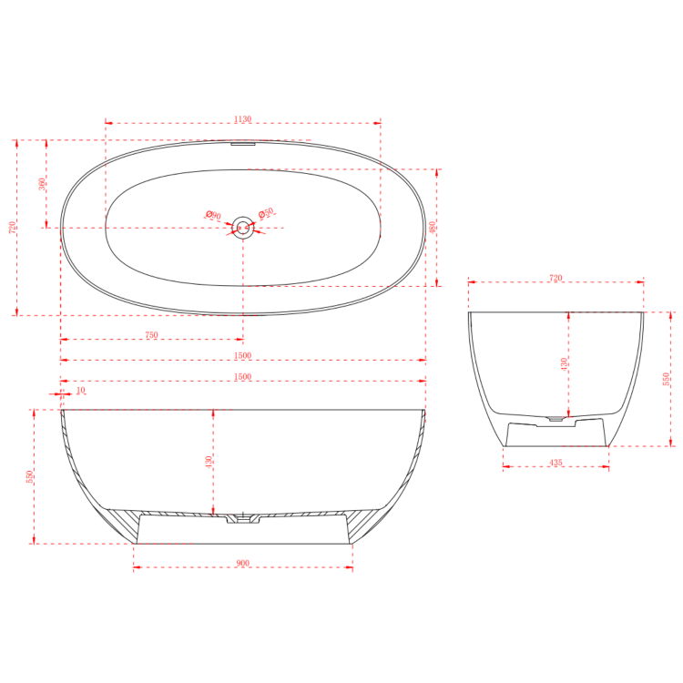 Freestanding Double Ended Stone Resin Solid Surface Bath 1500 x 720mm - Opal