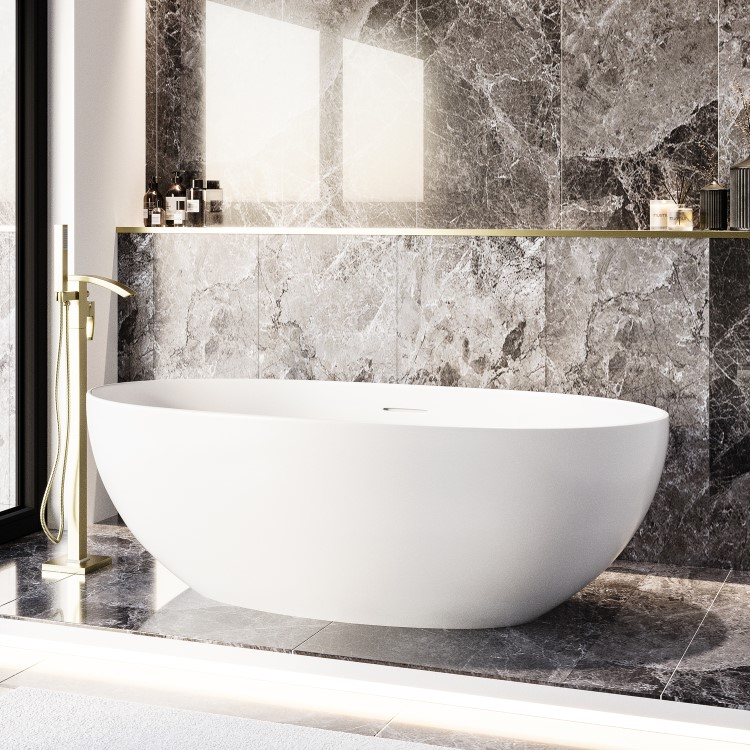Freestanding Double Ended Stone Resin Solid Surface Bath 1700 x 750mm - Opal