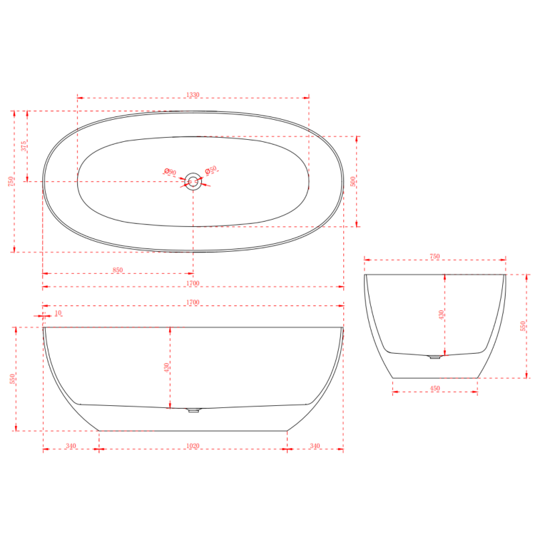 Freestanding Double Ended Stone Resin Solid Surface Bath 1700 x 750mm - Opal