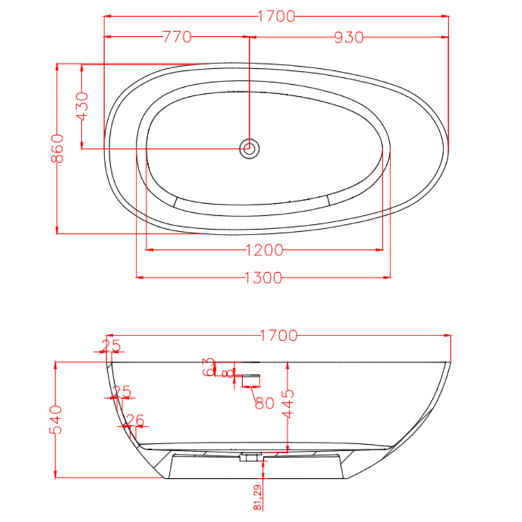 Freestanding Double Ended Stone Resin Solid Surface Bath 1700 x 860mm - Solace