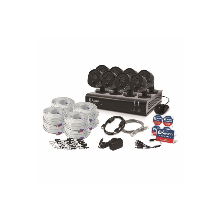 Swann CCTV System - 8 Channel 1080p HD DVR with 8 x 1080p HD Black Cameras & 64GB SD Card