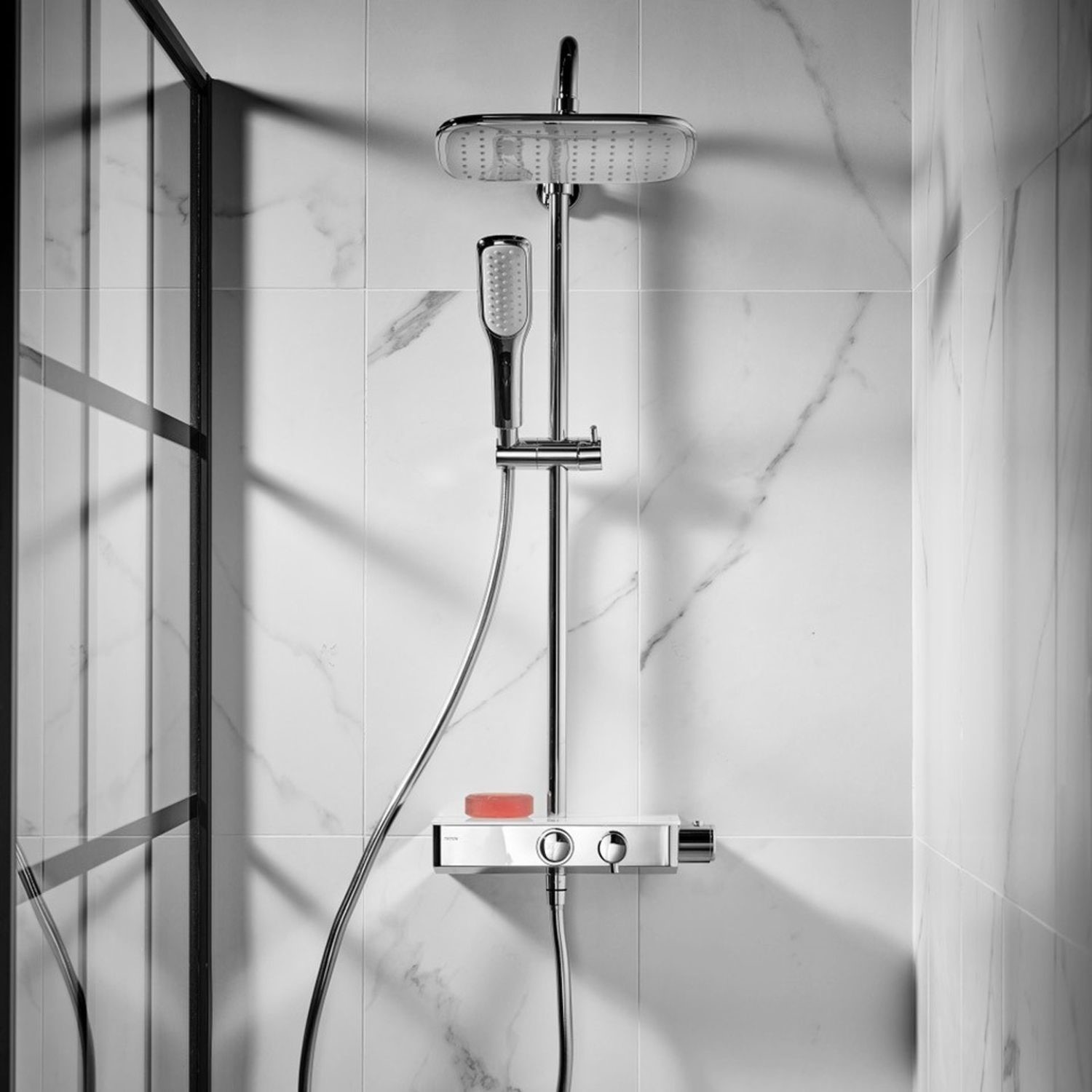 Triton Push Button Thermostatic Mixer Bar Shower with Square Overhead & Handset