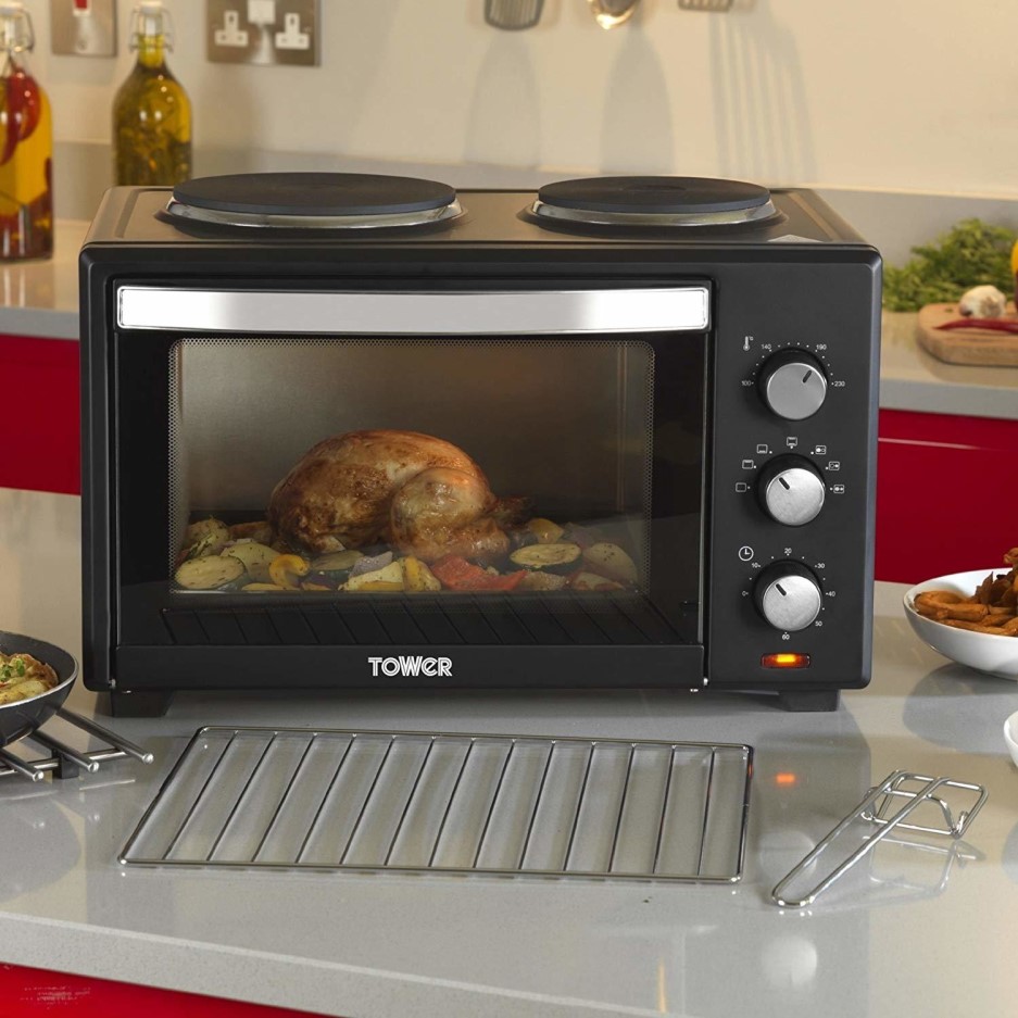 Tower T14013 28L Mini Oven with Dual Hotplates Black Appliances Direct