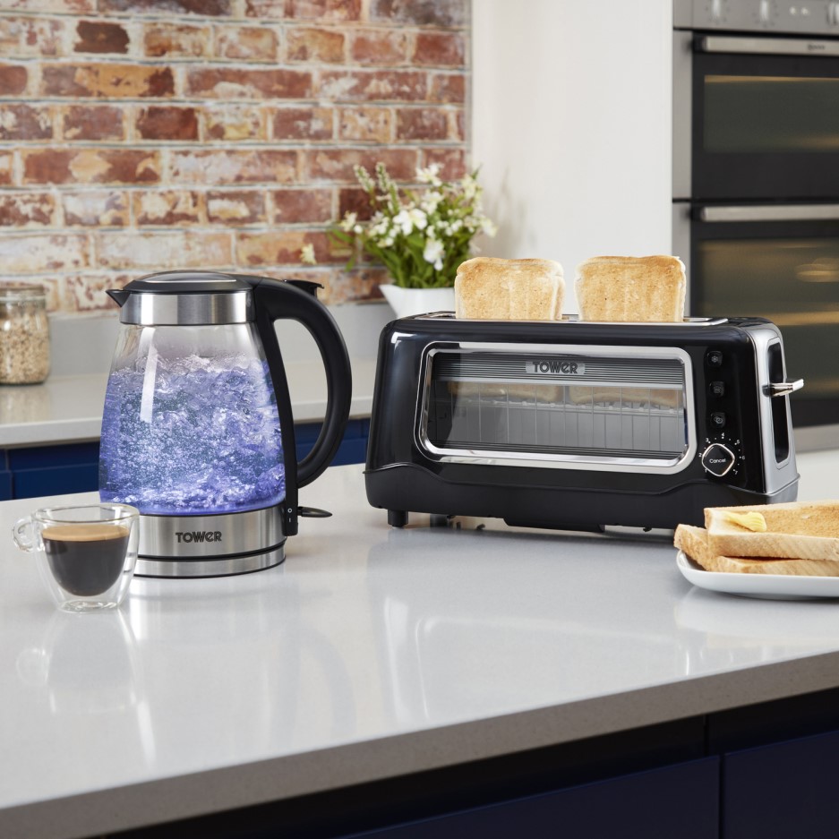 Tower T20011 2 Slice Long Slot Toaster Black & Glass Appliances Direct