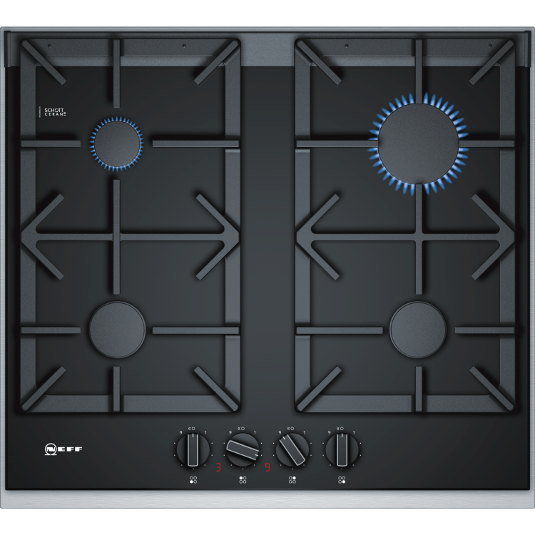 Neff T26TA49N0 61cm Four Zone Gas-on-glass Hob Black With Cast Iron Pan Stands