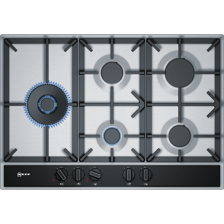 Neff T27DA79N0 N70 75cm Five Burner Gas Hob Stainless Steel With Cast Iron Pan Stands