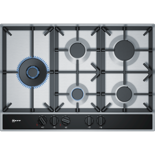 Neff T27DA79N0 N70 75cm Five Burner Gas Hob Stainless Steel With Cast Iron Pan Stands