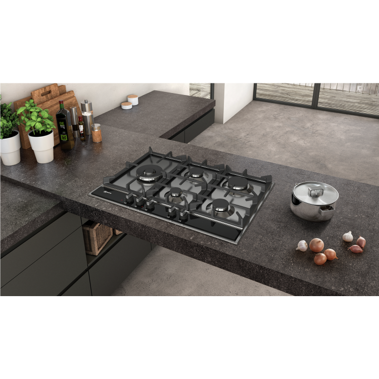 Neff T27DA79N0 N70 75cm Five Burner Gas Hob Stainless Steel With Cast Iron Pan Stands