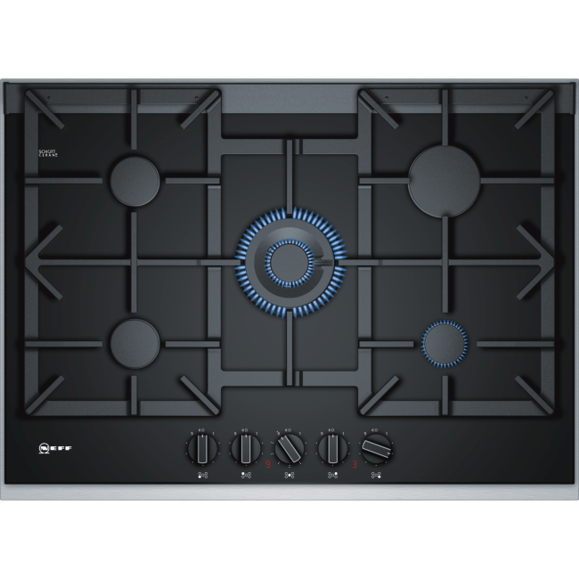 Neff T27TA69N0 75cm Five Zone Gas-on-glass Hob Black With Cast Iron Pan Stands