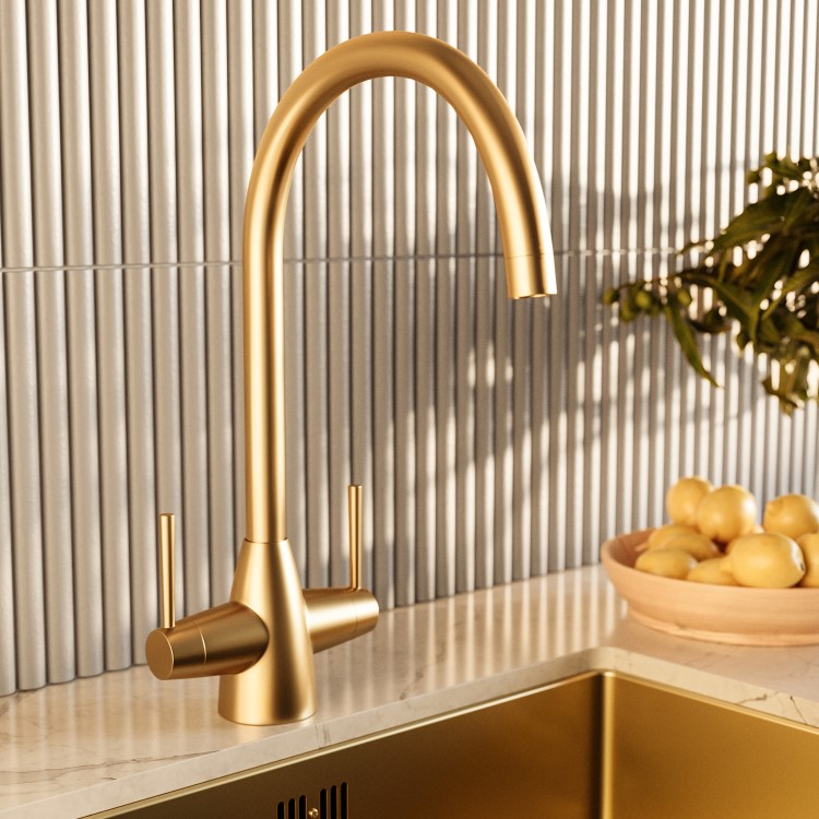 ONLY OPENED - Brass Twin Lever Monobloc Kitchen Sink Mixer Tap - Enza Tamara
