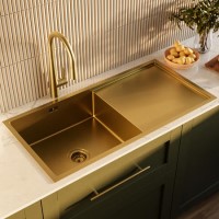 ONLY OPENED - Single Bowl Inset Brushed Brass Stainless Steel Kitchen Sink - Enza Tamara ONLY OPENED - Single Bowl Inset Brushed Brass Stainless Steel Kitchen Sink - Enza Tamara