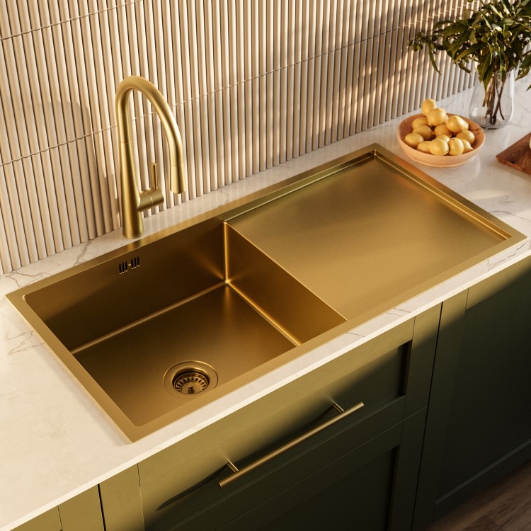 ONLY OPENED - Single Bowl Inset Brushed Brass Stainless Steel Kitchen Sink - Enza Tamara
