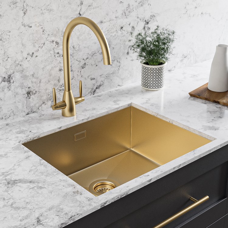 GRADE A1 - Single Bowl Brushed Brass Undermount Stainless Steel Kitchen Sink - Enza Tamara