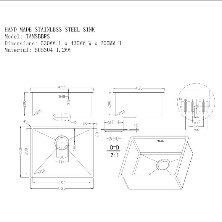 Single Bowl Undermount Brass Stainless Steel Kitchen Sink - Enza Tamara