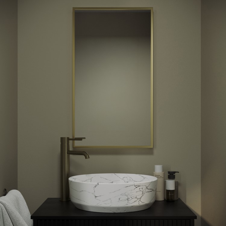 Rectangular Brass Backlit Heated Bathroom Mirror with Lights 700 x 400mm - Taurus