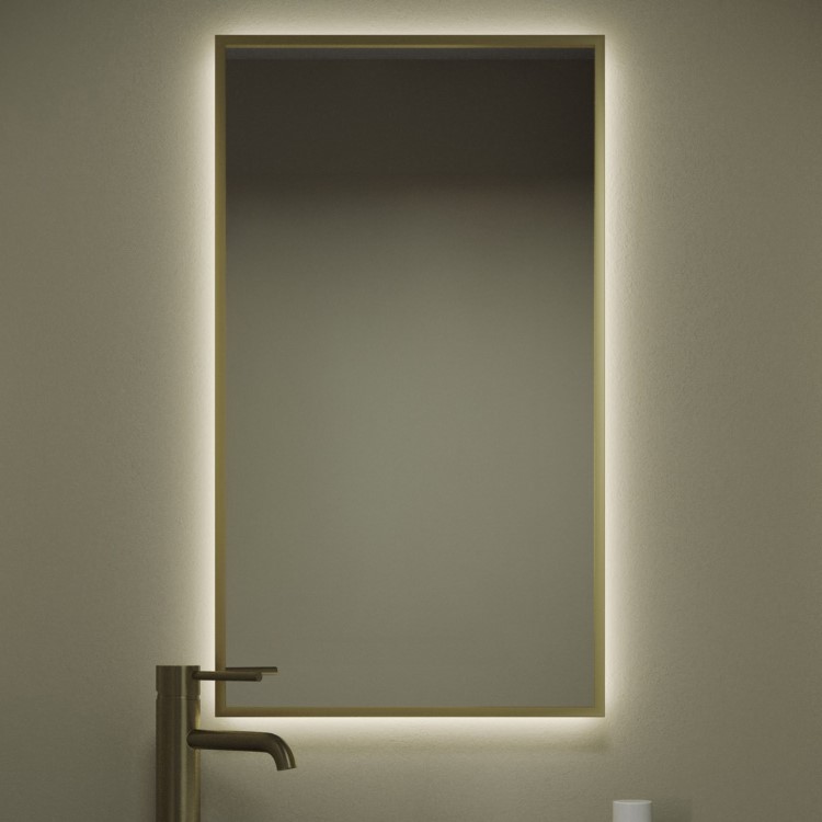 Rectangular Brass Backlit Heated Bathroom Mirror with Lights 700 x 400mm - Taurus