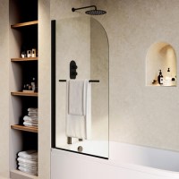 Black Pivot Shower Bath Screen with Towel Rail 1450 x 775mm - Taurus
