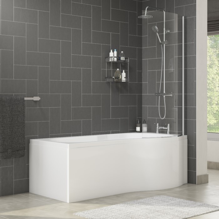 Palham Right Hand P Shape Bath with Side Panel & Shower Screen 1700 x