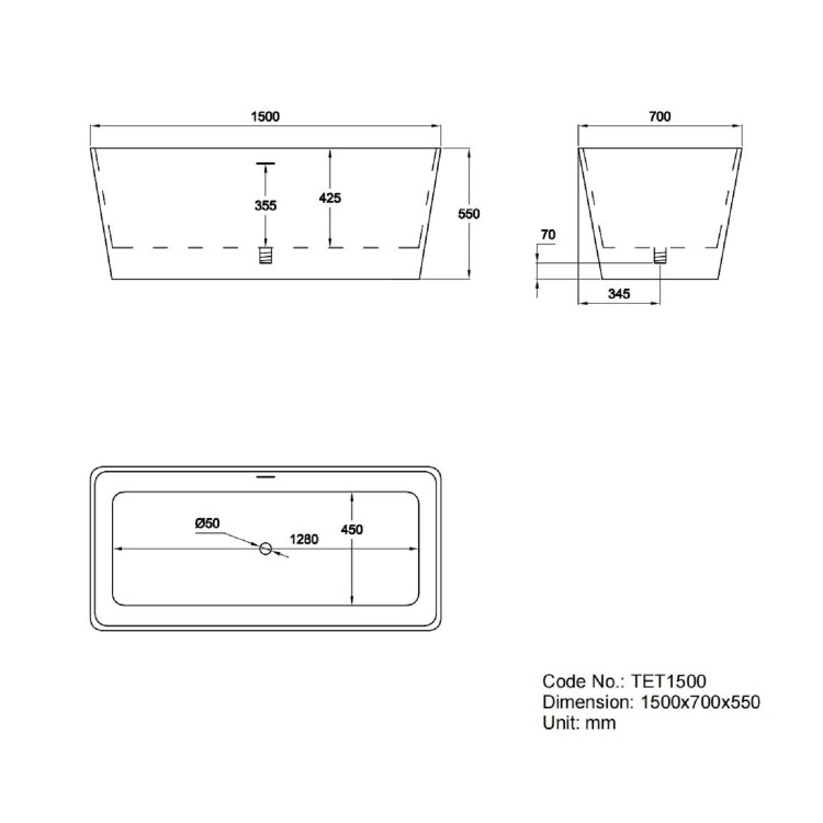 Freestanding Double Ended Bath 1500 x 700mm - Tetra