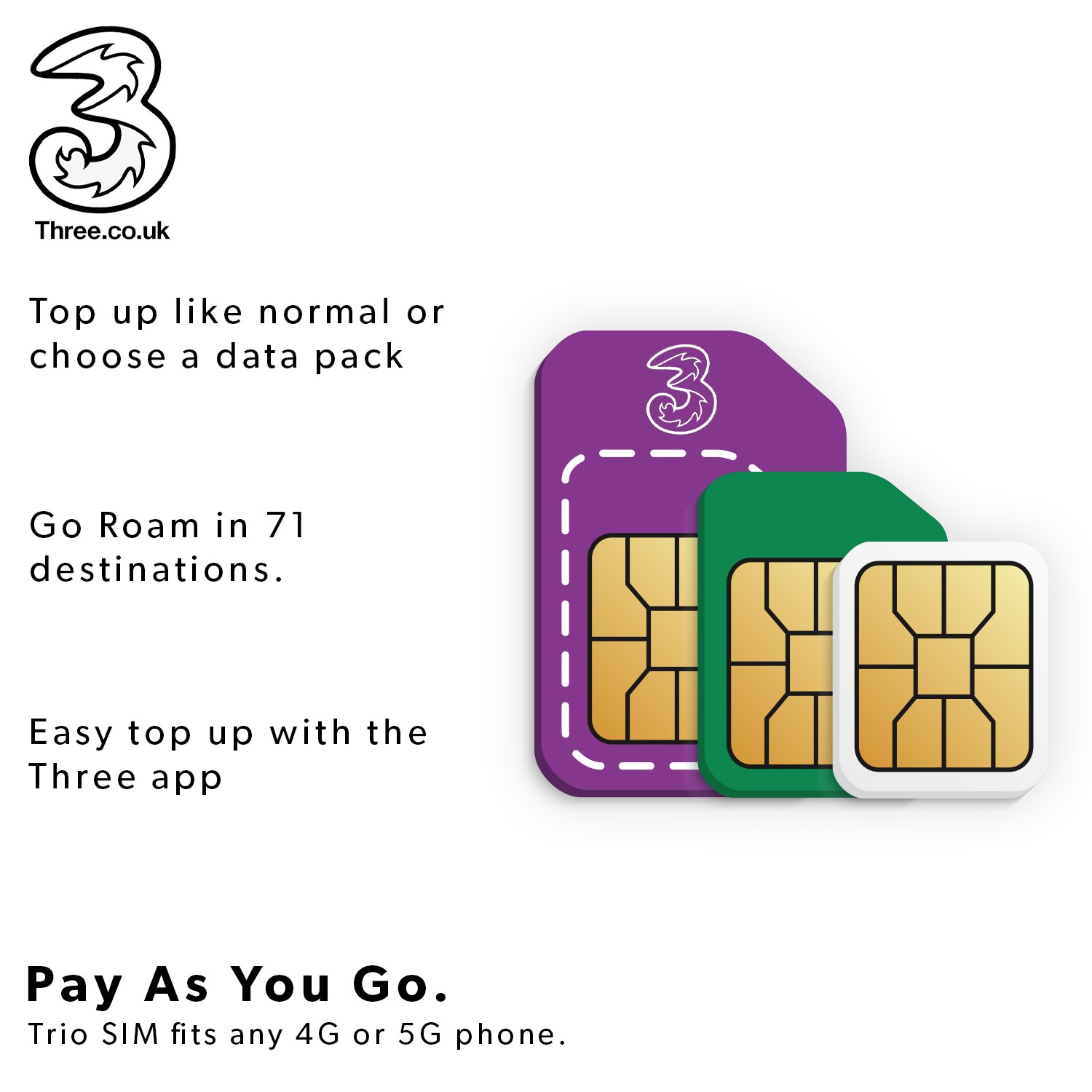 Three Pay As You Go Sim Card Trio THREETRIO-PAYG | Appliances Direct