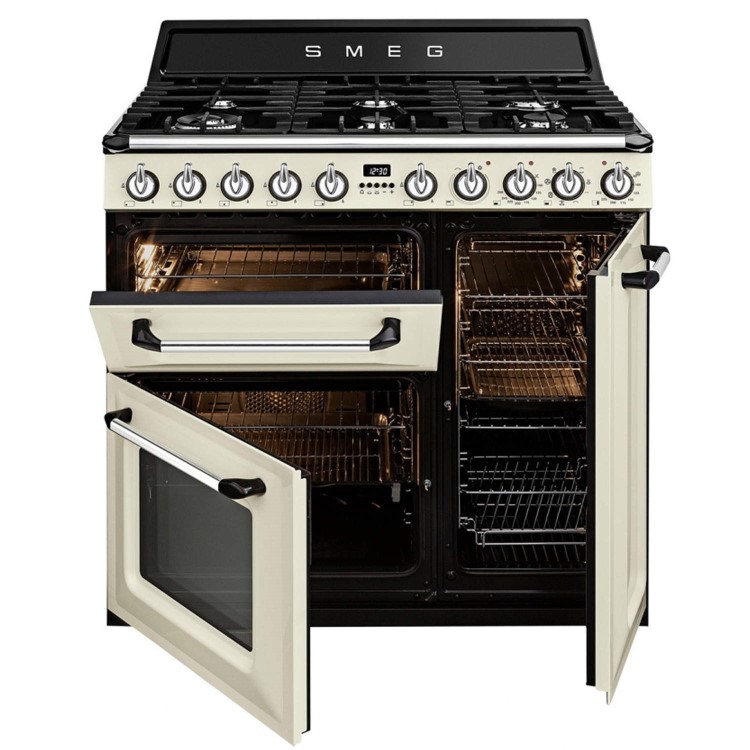 GRADE A2 - Smeg TR93P Victoria Triple Cavity 90cm Wide Dual Fuel Cooker Cream