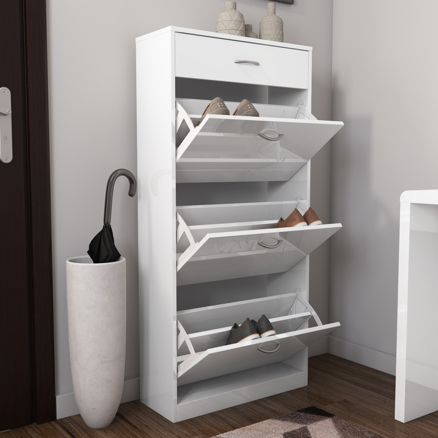 MODERN WHITE HIGH Gloss Shoe Cabinet / Shoe Rack with 4 Drawer storage