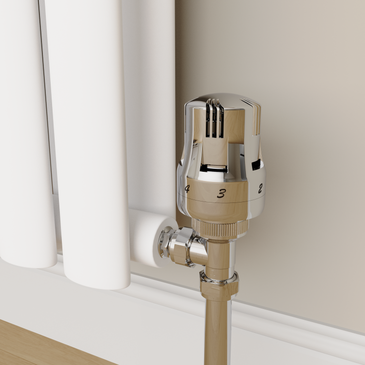 Elego Chrome  Modern TRV Angled Thermostatic Radiator Valves With Lockshield