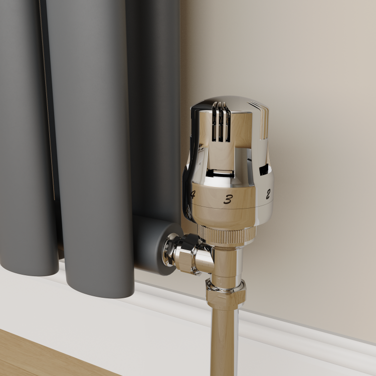 Elego Chrome  Modern TRV Angled Thermostatic Radiator Valves With Lockshield