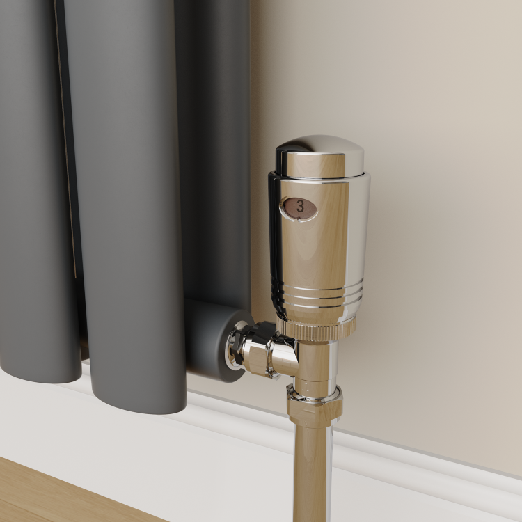 Elego Chrome  Modern TRV Angled Thermostatic Radiator Valves With Lockshield