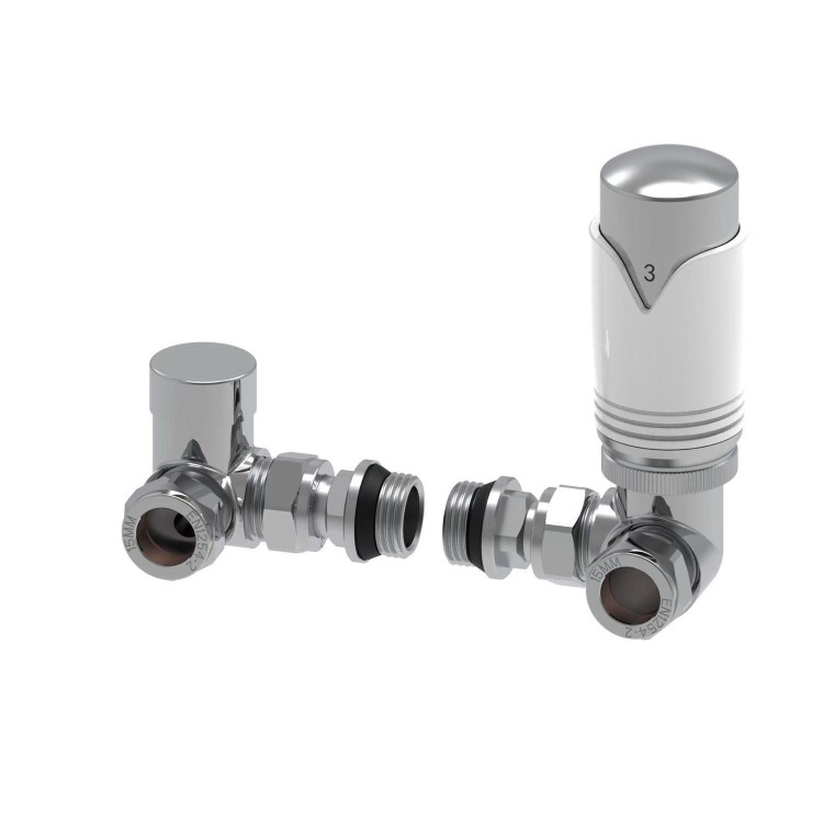 Elego Chrome & White Modern Corner Thermostatic Radiator Valve Set with Lockshield