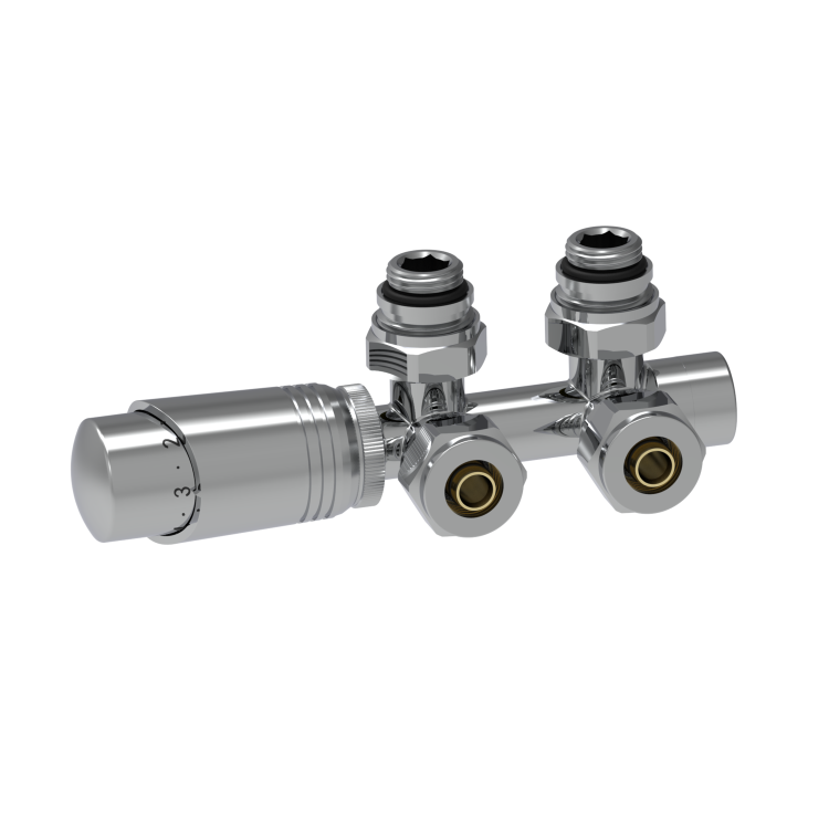 Elego Chrome Modern TRV H Block Angled Thermostatic Radiator Valves With Lockshield