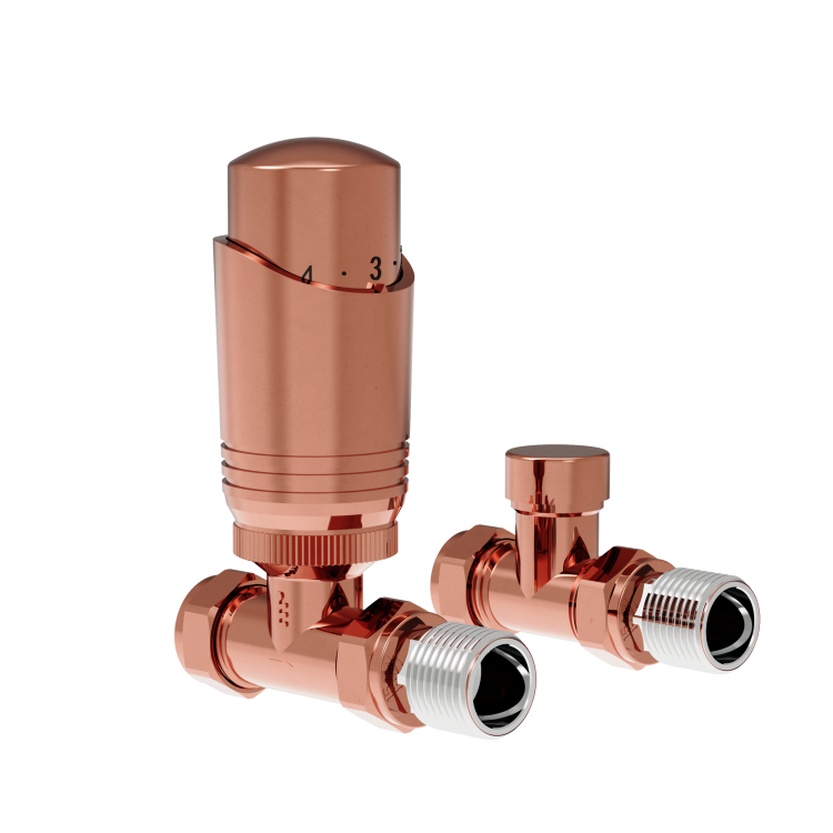 Elego Copper Modern TRV Straight Thermostatic Radiator Valves With Lockshield