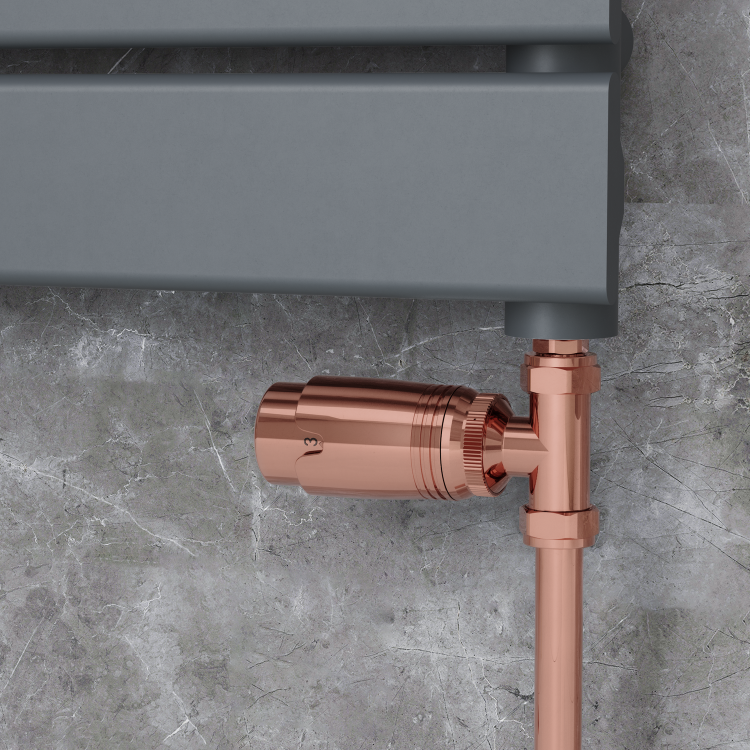 Elego Copper Modern TRV Straight Thermostatic Radiator Valves With Lockshield