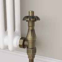 Maesta Antique Brass Traditional TRV Angled Thermostatic Radiator Valves With Lockshield
