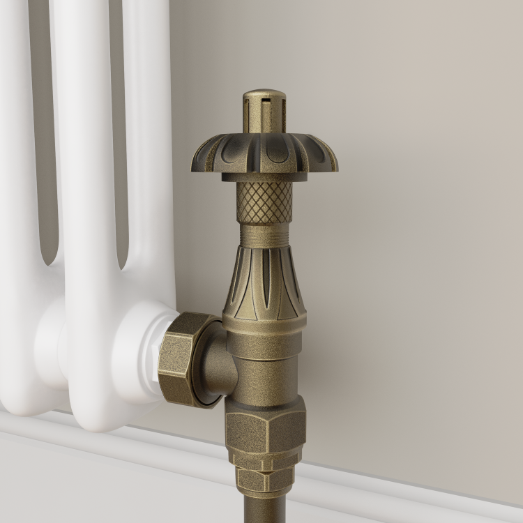 Maesta Antique Brass Traditional TRV Angled Thermostatic Radiator Valves With Lockshield