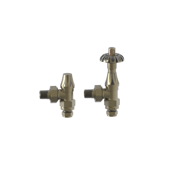 Maesta Antique Brass Traditional TRV Angled Thermostatic Radiator Valves With Lockshield