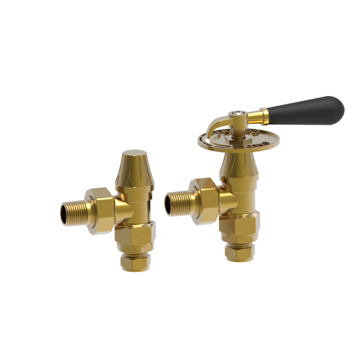 Maesta Brushed Brass Traditional TRV Angled Thermostatic Radiator Valves With Lockshield