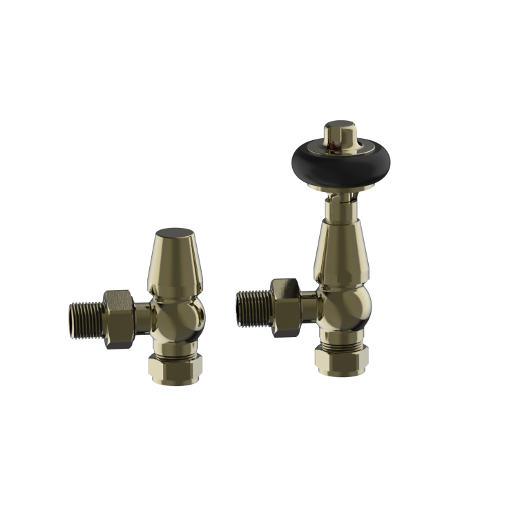 Maesta Antique Brass Traditional TRV Angled Thermostatic Radiator Valves With Lockshield