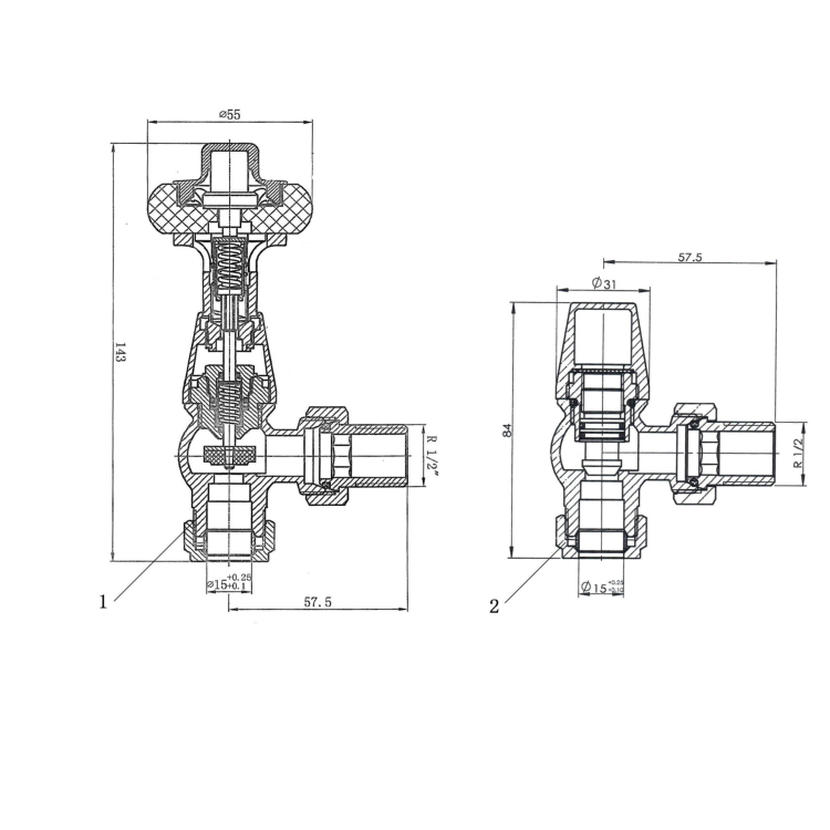 Maesta Brushed Brass Traditional TRV Angled Thermostatic Radiator Valves With Lockshield