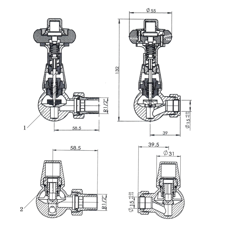Maesta Brushed Brass Traditional TRV Corner Thermostatic Radiator Valves With Lockshield