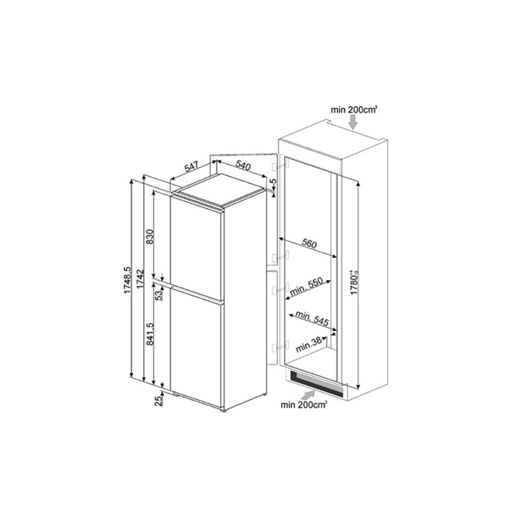 GRADE A3 - Smeg UKC3170P1 54cm Wide 50-50 Integrated Upright In-Column Fridge Freezer