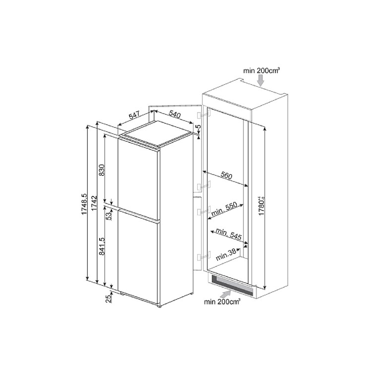 Smeg UKC7172NP 54cm Wide Frost Free 50-50 Integrated Upright In-Column Fridge Freezer - White