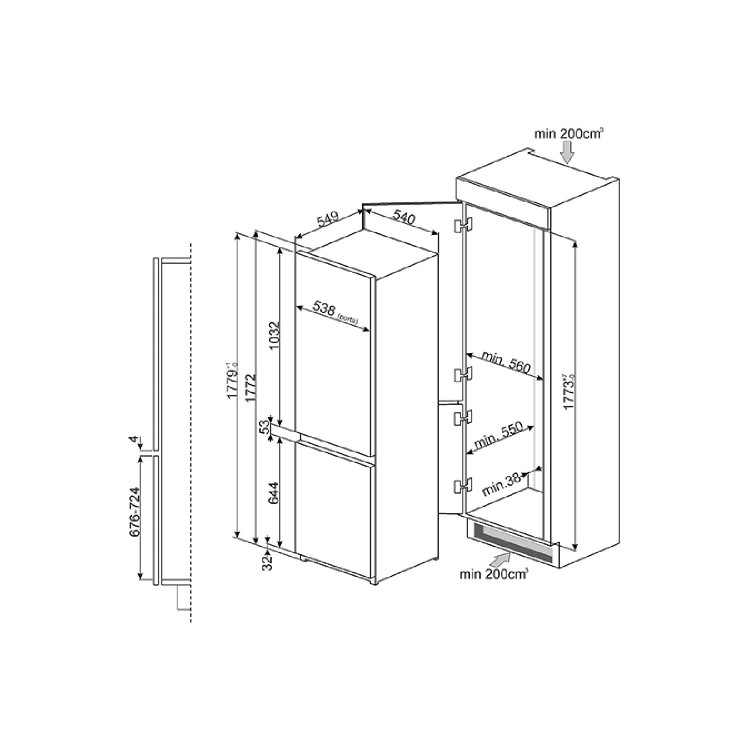 Smeg UKC7280FP1 70-30 Sliding Rail Integrated In-column Fridge Freezer