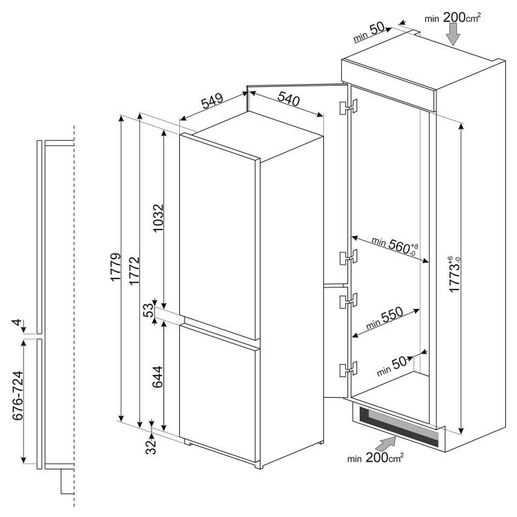 GRADE A1 - Smeg 254 Litre 70/30 Integrated Fridge Freezer
