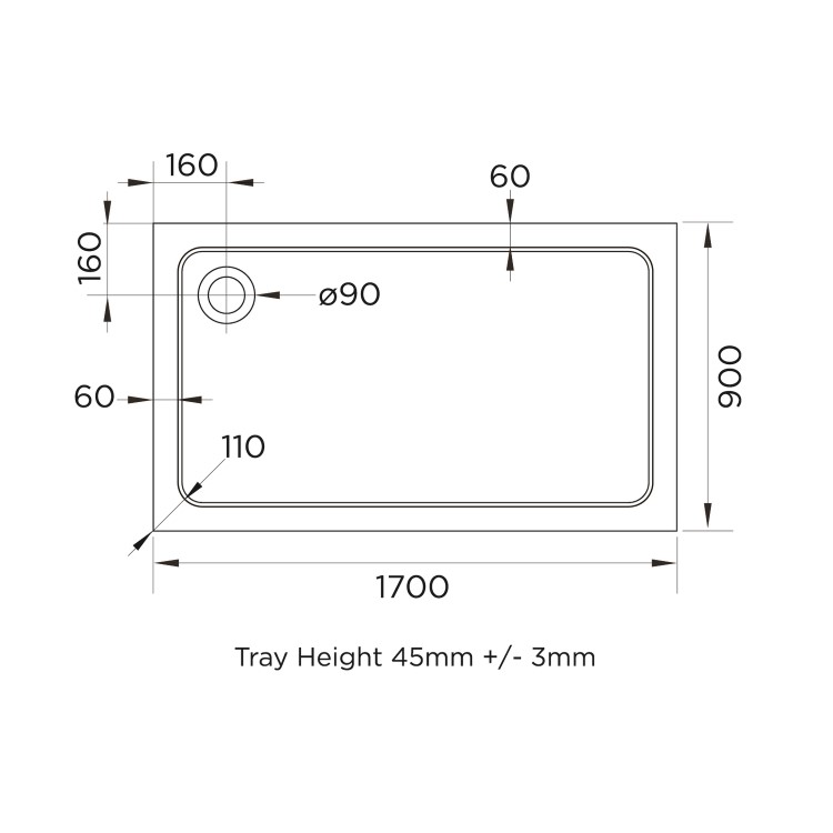 1700x900mm Rectangular Shower Tray – Low Profile 45mm – Stone Resin – White – Pearl