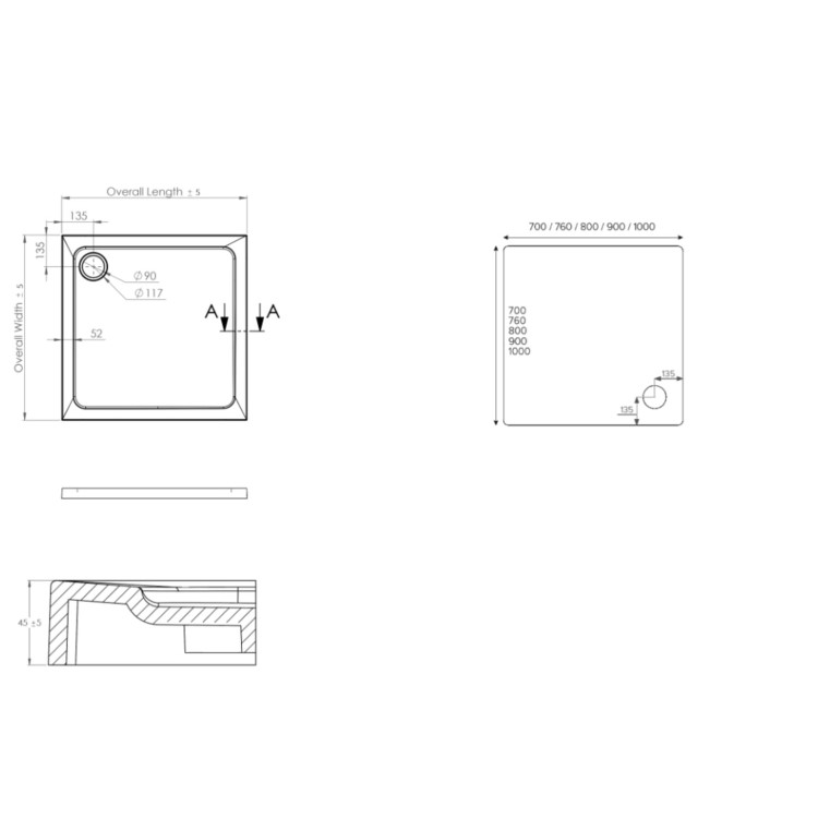 900x900mm Square Shower Tray – Low Profile 45mm – Stone Resin – White – Pearl