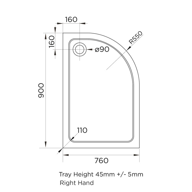 900x760mm White Acrylic Capped Stone Resin Right Hand Offset Quadrant Shower Tray 45mm - Pearl