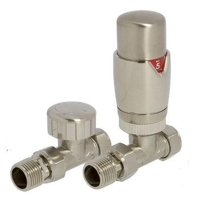 Round Straight TRV and Lockshield Radiator Valves Brushed Nickel